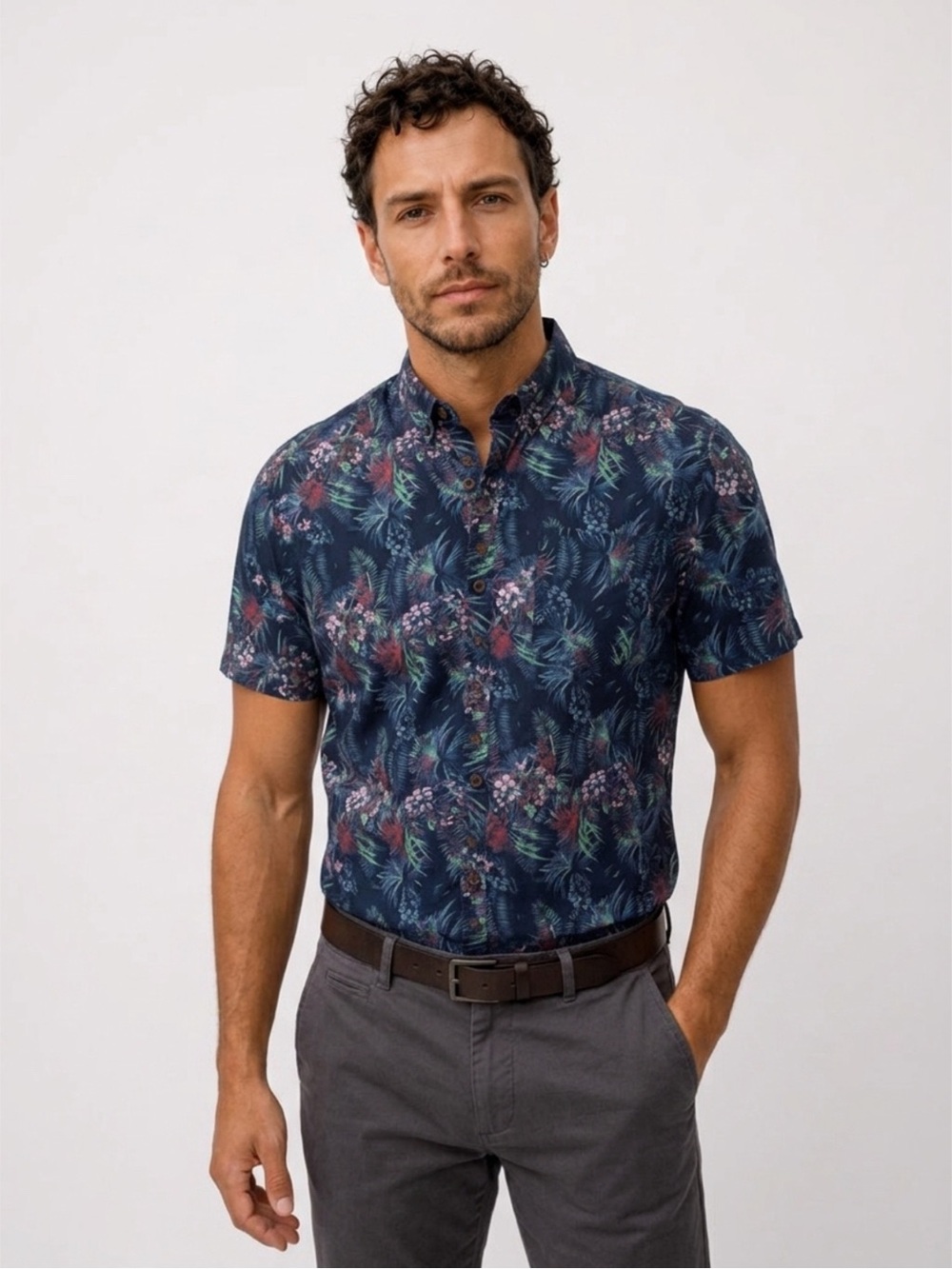 Denim & Flower Slim Mens Hawaiian Shirt Slim Fit Short Sleeve Camp Weekend Sz XL